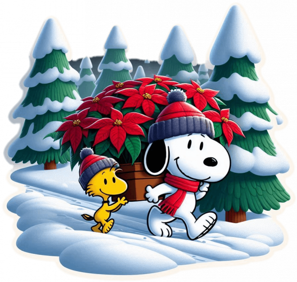 Snoopy y woodstock con Poinsettias de Navidad 01